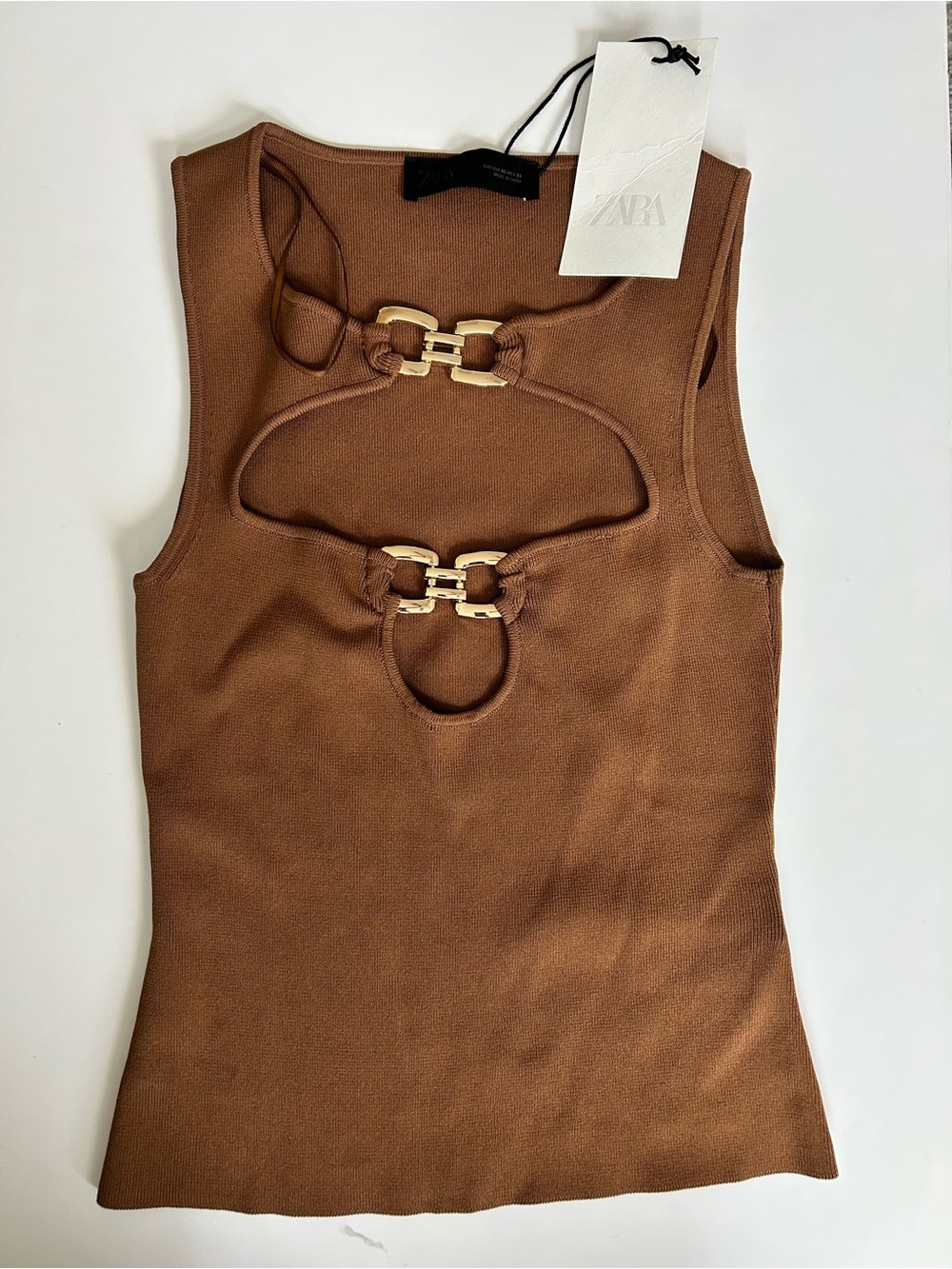 ZARA Brown Sleeveless Tank Top with Gold-Tone Buckle Cutouts - Picture 2 of 7